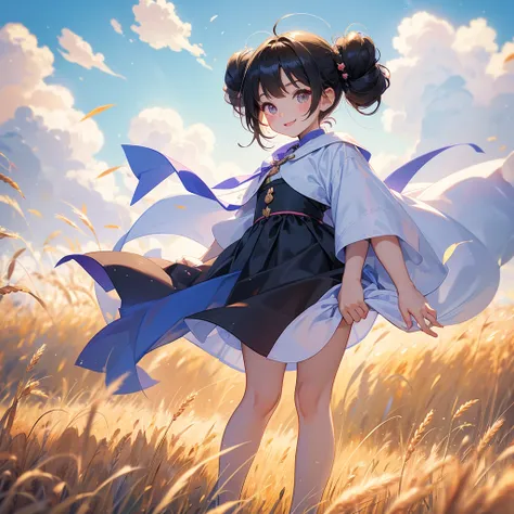 A chibi child girl had a small face and wearing a little tourist priest’s outfit, a pair of big round eyes shone with curiosity about him. This child was so cute, her hair is black with buns on her hair. Small chibi , chibi baby, smiling , chibi. 

Standin...