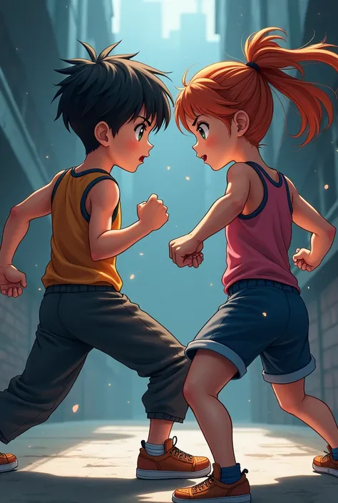 A boy and a girl in tight clothes in a fighting pose anime style