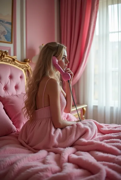 See big view of luxurious pink room in picture from a little far from big pink luxury room view , see from behind of perfect girl with so much long natural curly blonde hair sit and talking on pink telephone sit on rose fur pink queen size luxurious bed ro...