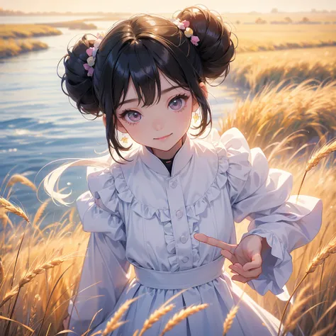 A chibi child girl had a small face and wearing a little tourist priest’s outfit, a pair of big round eyes shone with curiosity about him. This child was so cute, her hair is black with buns on her hair. Small chibi , chibi baby, smiling , chibi. 

Standin...