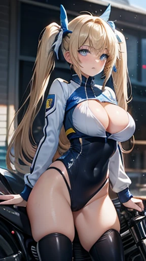 Blonde,Long twin tails,Very curled hair,Bright blue eyes,freckles,Big Breasts,teenager,Skin-tight clothing,White rider suit,sidecar,A little angry face