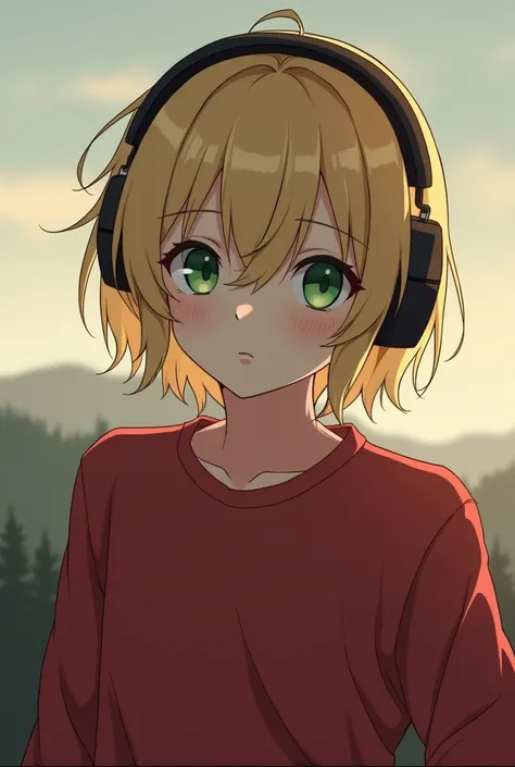 Create an anime-style image of a male character with blond hair, Wearing Headphones, greeneyes, he has a small wart on his nose, and he&#39;s wearing a red sweatshirt and has a reflective expression looking at the horizon 