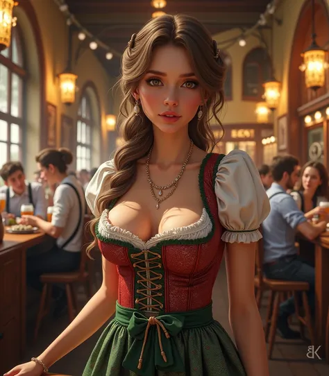 A sexy and cute girl, 1girl, (enormous breasts, massive cleavage), oktoberfest, dirndl dress, beer hall, bavarian architecture, highly detailed, photorealistic, 8k, best quality,4k,8k,highres,masterpiece,ultra-detailed,realistic