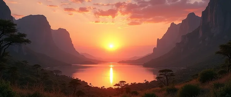 a stunning scenic landscape of the african wilderness, beautiful sunrise over a serene lake, dramatic cinematic lighting, majestic rocky formations, no animals or evil, breathtaking vista, ultra-detailed, (best quality,4k,8k,highres,masterpiece:1.2),ultra-...