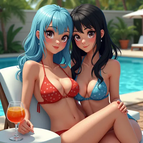 1 beautiful biracial latina woman light blue hair light blue eyes with big large breasts close to beautiful white asian light brown eyes lng black hair big large breast, wear bikini on a Deckchair, Next to a swimming pool, cocktail on a table