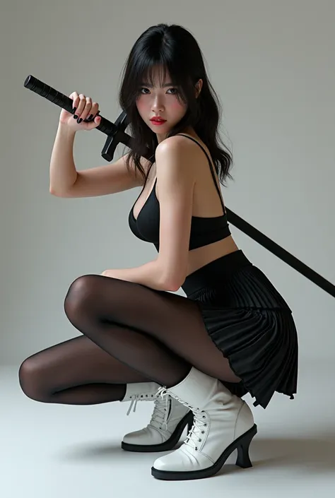 masterpiece, Best Quality, super rendering, super Realistic, High Detail Face, Clean and delicate face, whole body, Crouch and swing a long sword, gcyberpunk girl seductive pose, wearing a camisole and pleated mini skirt, bare ass, open legs, Sleeveless, b...