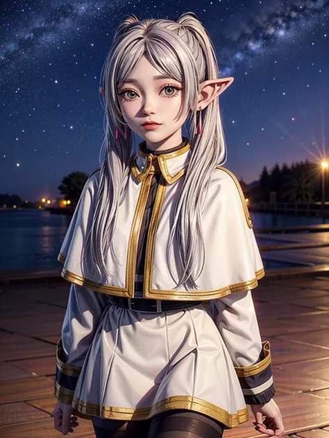 One person,alone,Fairy,Gray Hair, Grey Hair, Earrings, Pointed Ears, Long Hair, ponytail, Green Eyes, Twin tails, Parted bangs, Thick eyebrows,
Capelet with collar, White capelet, Striped shirt, Long sleeve,Striped, White Skirt,
pantyhose,
Night Sky, perfo...