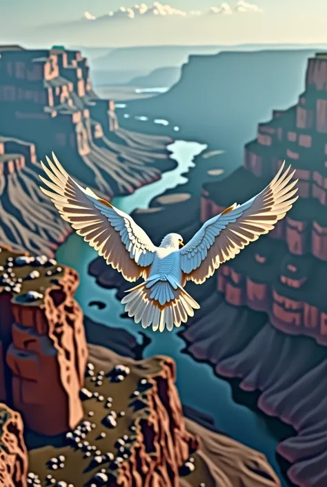 a sweeping, cinematic photograph showcasing a snowy white bald eagles majestic form from directly behind, its feathers ruffled by the wind, as it soars low over the rust-hued, labyrinthine landscape of the Grand Canyon, its bright blue head feathers gliste...