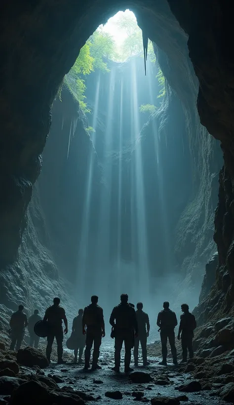 Men arrive at a ULTRA MEGA HYPER large cave