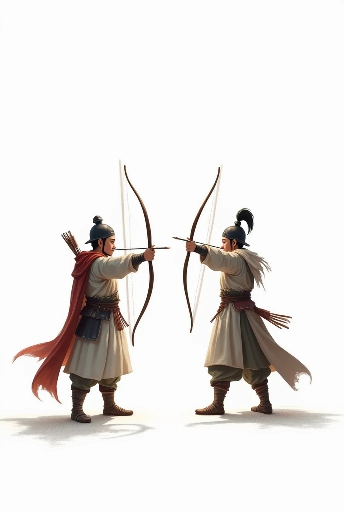 Creat two anciets light bow soldiers on standing and ahooting other on one knee and shooting facing in same direction white background and 2d art withiut complexities make little space inside them more simple withiut detail no helmet like commands and colo...