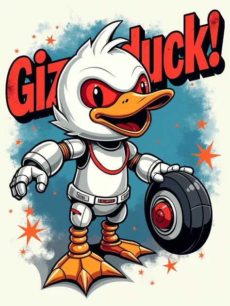 Vector t-shirt design, vintage style, with GizmoDuck in a dynamic action pose. The design features GizmoDuck in its iconic and elegant white strong armour with metallic lustre, the foot are replaced by a large mechanical wheel | red visor, emphasising the ...