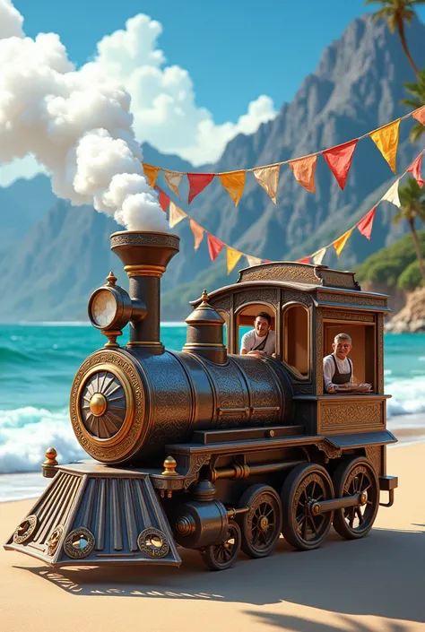 Create a train engine like food cart for momos with 2 members working inside the cart located at beach