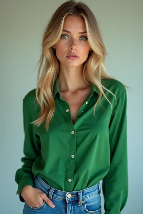 A model girl with green eyes, blonde hair, green shirt and blue pants