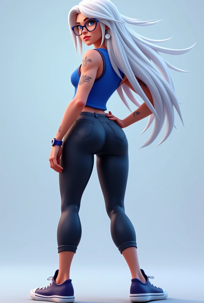 fortnite style girl, long white hair, Broad Hips, blue colored eyes, wearing glasses, Allstar Sneakers, cobalt blue top, black leggings full body back
