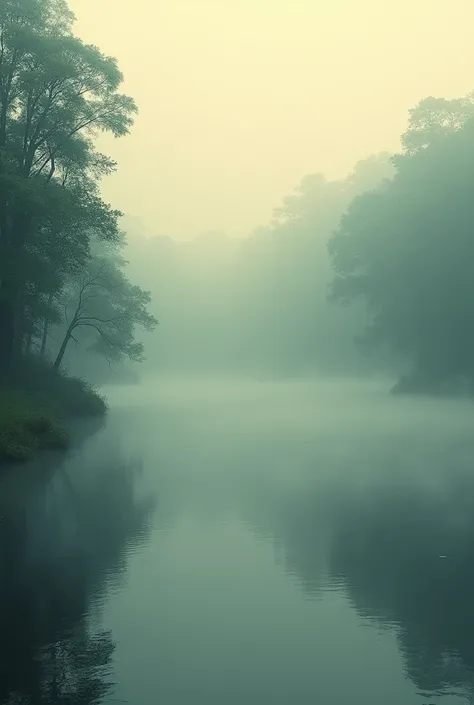 Lake and fog, humid, lots of steam with warm tones