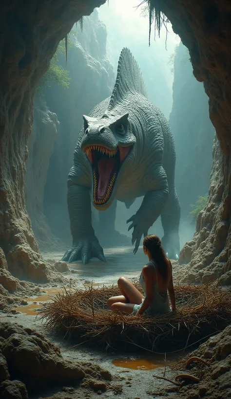 In the ULTRA MEGA HIPER large Cave is the fearsome Spinosaurus and in its nest is the frightened kidnapped woman