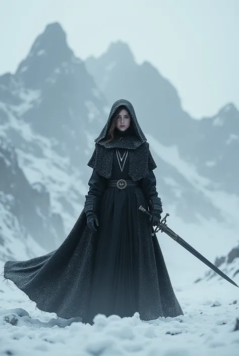 Woman in long black coat with a sword in a snowy landscape