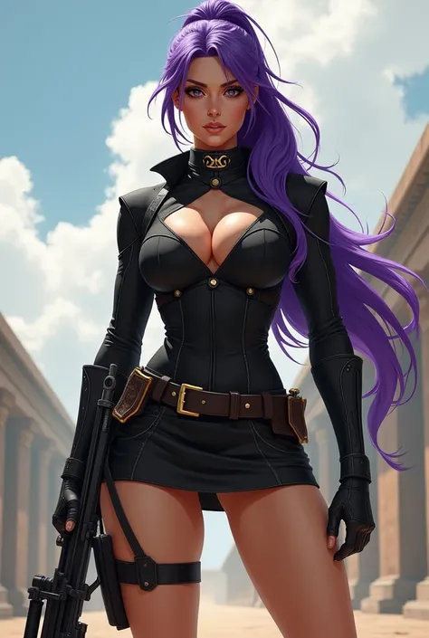 White woman, tall, tied purple air, with rifle, open black militar costume with mini skirt, big boobs, 