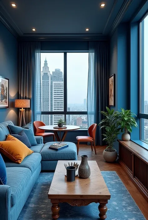 A studio apartment with all the elements of a house, dominant blue color, furniture with traces of a Renaissance painting 