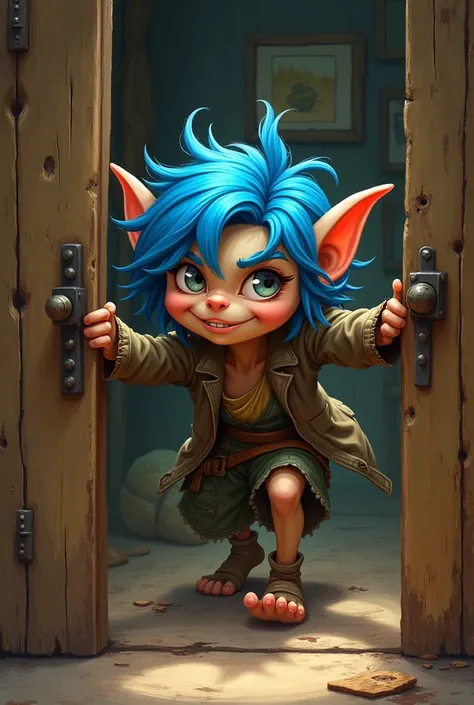 a goblin with blue hair wear ferme une porte en bois 