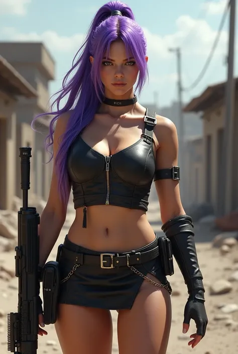 realistic White woman, tall, tied purple air, with rifle, open black militar costume with mini skirt, big boobs, 