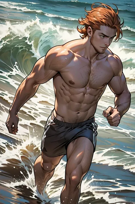 (masterpiece)，(Very detailed)，(Very detailed)，(best quality), perfect lighting, a mature man who is running on a beach ((short messy ginger hair))