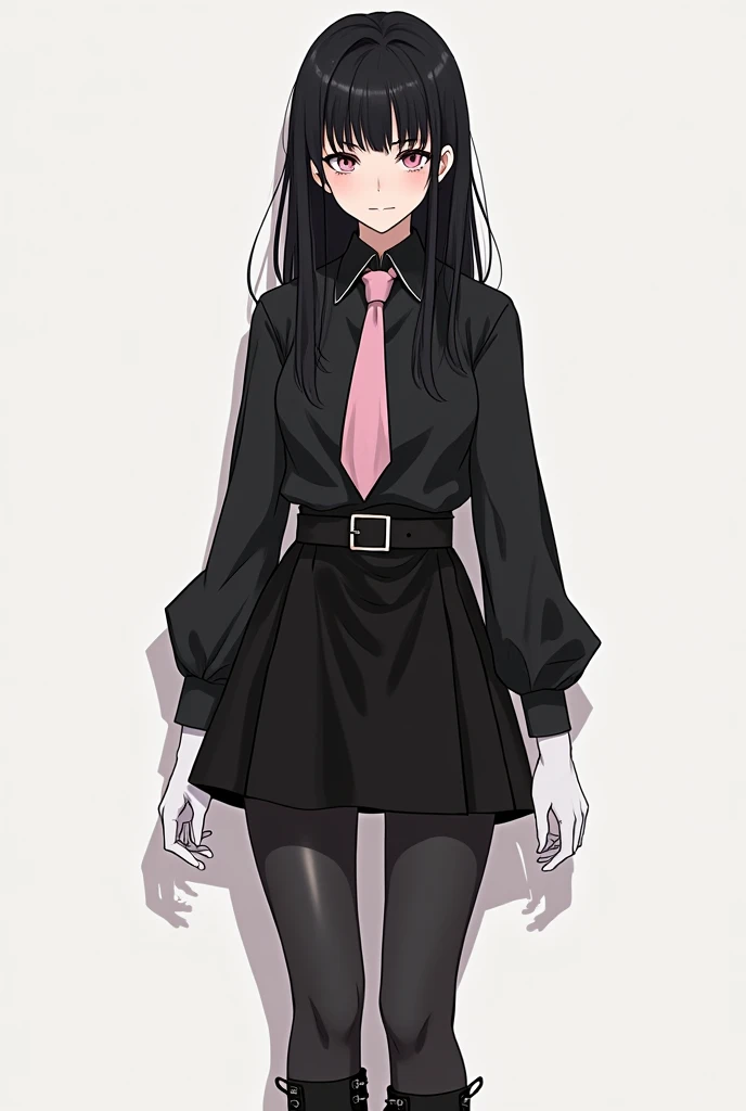 Slender and slightly curvy girl, long straight black hair, pale pink eyes, black shirt with long sleeves and high collar, pale pink tie, pale pink belt, black skirt to the knees, black tights to the thighs, black rock boots, white gloves