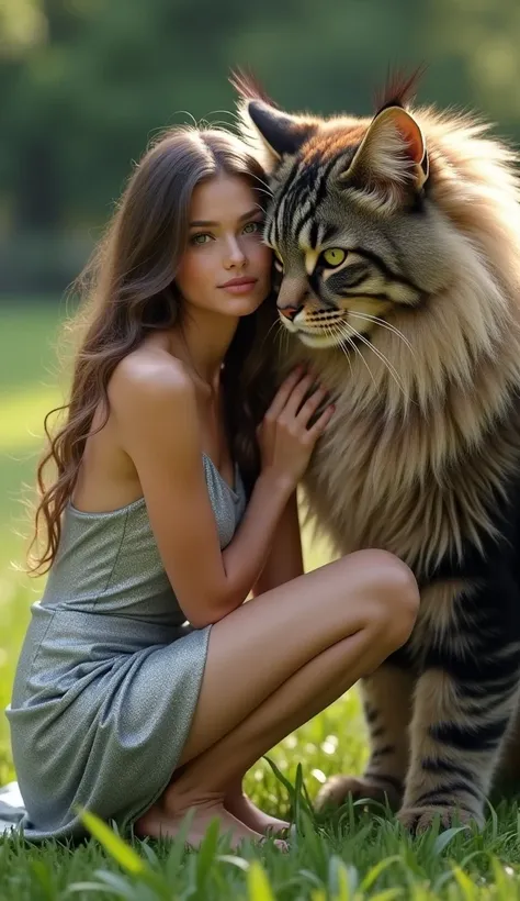 Realistic portrait of a beautiful girl, wearing a silver dress, crouching on the grass outdoors, petting a huge super tall black and gray Maine Coon cat, (Best Quality, 4K, 8K, HD, Masterpiece: 1.2), Ultra detailed, (Realistic, Photorealistic, Photorealist...