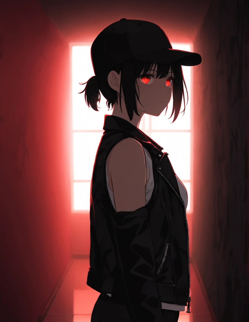 Anime girl with (short black hair:1.1), black baseball cap, Black Front-Open leather Jacket with white tank top, black trousers, upper body, (silhouetted against a red, window-lit hallway:1.3), mysterious aura, dramatic shading, high contrast, intense and ...