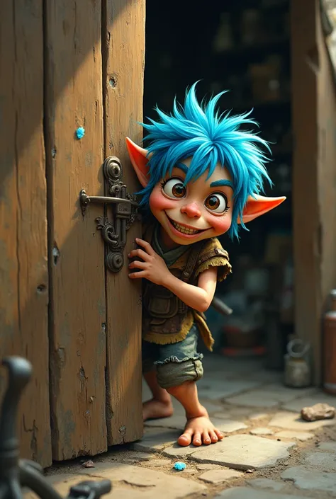 a goblin with blue hair wear ferme une porte en bois 