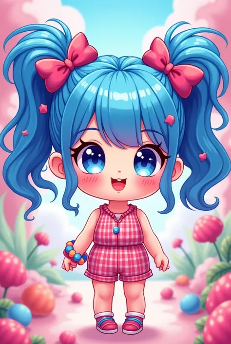 Create a highly digital chibi drawing of an anime girl with an ultra-cute and exaggerated style. She should have a very round face with oversized, sparkling eyes and a tiny, cheerful mouth. Her hair should be styled in an extremely playful and voluminous w...