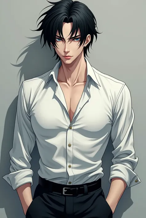 Very handsome man with black hair, very serious face, very pale skin, dress shirt, black dress pants, anime style