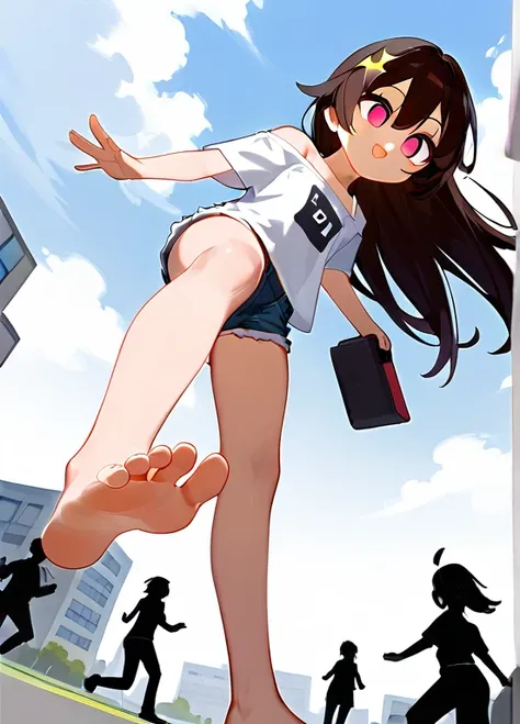 Fraction_9,Fraction_8_Direction_7_up,1 girl standing on one leg，Lift one foot，Show your big feet，Soles，barefoot，Female Giant，Clear facial features，Perfect facial features，Many buildings around，Low Angle，Denim shorts，There are bangs between the eyes，Off-sho...