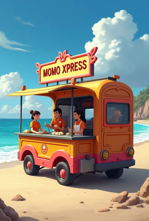 Create a train like  big 
food cart for momos with 2 members working inside the cart which have length of 10 feet with 3 momo steamer and have the name MOMO XPRESS  located at beach