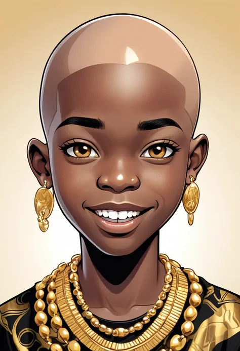 african bald man with gold jewelry: a close-up cartoon-style image of an african boy with a bald head. he is adorned with gold j...