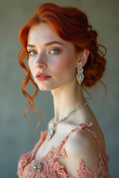 Redhead woman with jewelry , prom dress and hairdo, vertical image 
