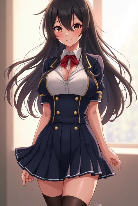 Anime girl with big boobs and big legs in sexy school uniform, that has long black hair
