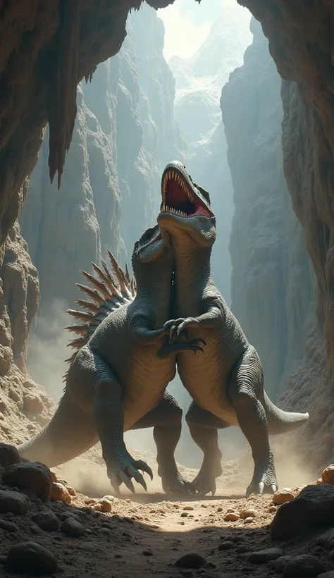 Tyrannosaurus rex and Spinosaurus start fighting in the Ultra Mega Hyper Large Cave 