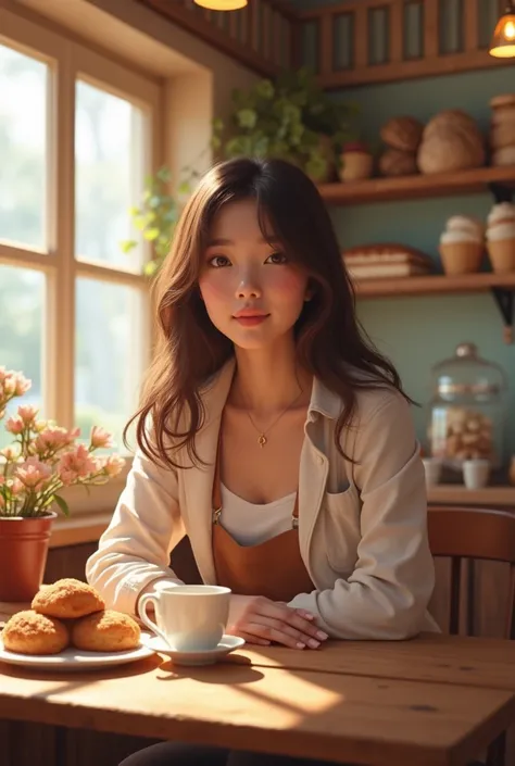 A girl relaxing in a cozy bakery