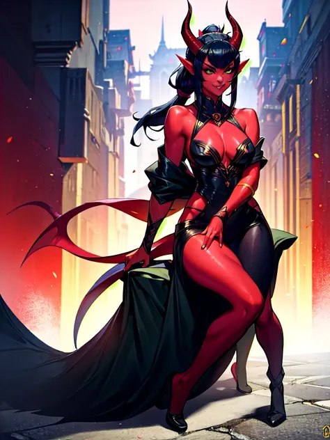 highres, masterpiece, perfect lighting, bloom, cinematic lighting, adult, female, looking at viewer, (RSEEmma:1.5),tiefling, (colored skin, red skin), horns, demon horns, oni horns, dragon horns, tail, pointy ears, side-swept bangs, black hair, pink Incurs...