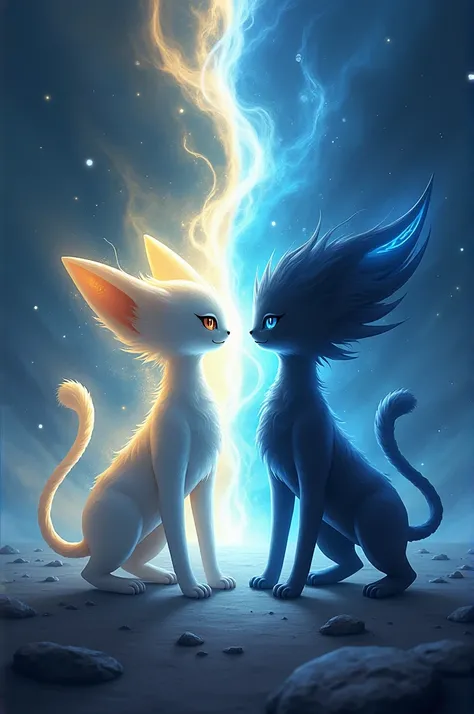 Two beings at the beginning of the universe when there was nothing, one being represents light, the other represents darkness., os seres tem a forma do Mew de pokemon