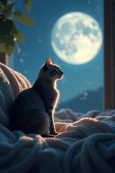 Generate Image A cat is sitting on a couch looking at the moon