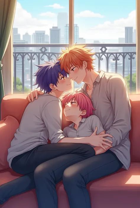 Beautiful couple of anime boys sitting on the sofa and the second is laying on the first guys legs, smiling each other, with city view through the window and balcon behind them, with color changed hair