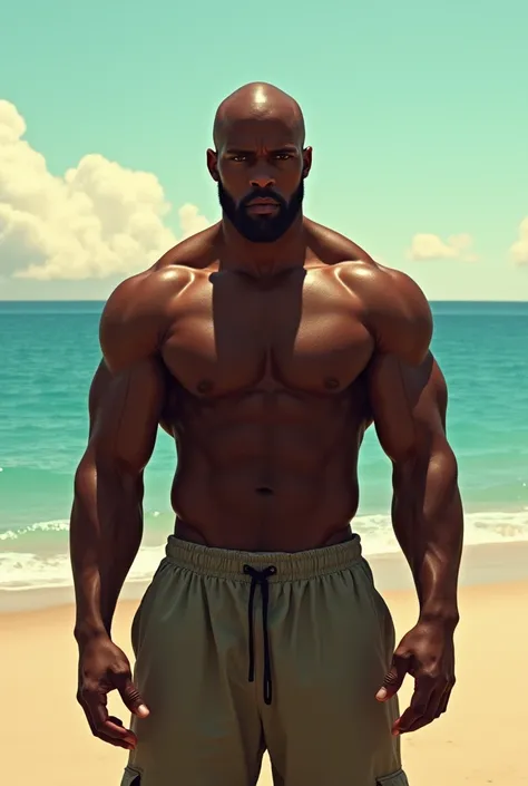 Dark skin man, with shaved hair shirtless on the beach 