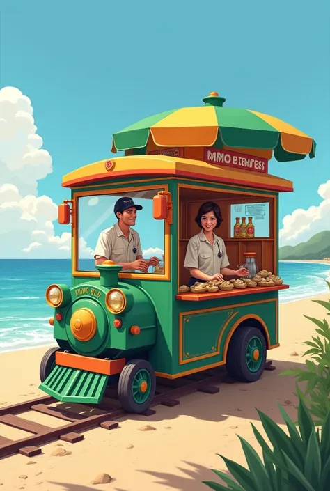 Create a train like  big 
food cart for momos with 2 members working inside the cart which have length of 10 feet with 3 momo steamer and have the name MOMO XPRESS  located at beach make like a train compartment