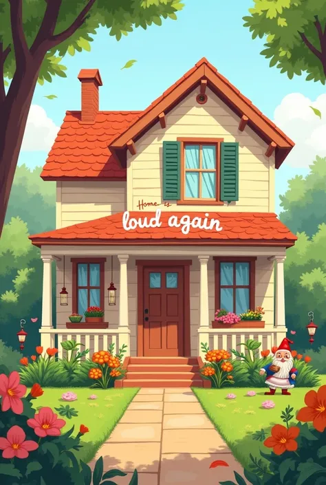 A picture with a house with a text in the middle "Home is loud again"