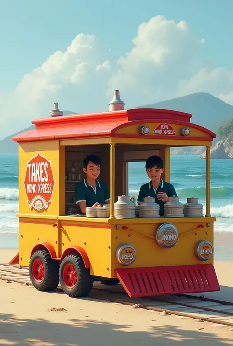 Create a train like  big 
food cart for momos with 2 members working inside the cart which have length of 10 feet with 3 momo steamer and have the name MOMO XPRESS  located at beach make like a train compartment