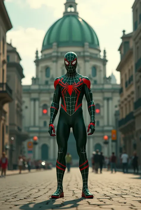 A spiderman,  with green white and red colors, standing from the Palacio de bellas artes from mexico city