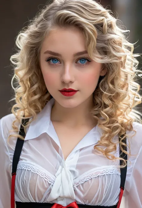 A beautiful female character. The girl is a student. With long blond curls, beautiful blue eyes. She is wearing a white semi-transparent shirt, a deep neckline, and a bright red bra is visible. Short black skirt. Black fishnet stockings.