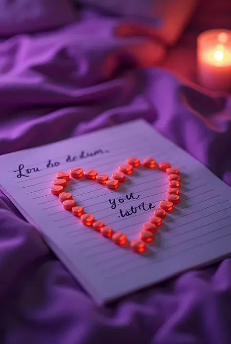 Love letter with half white and half orange pills in the shape of a heart in a place with purple light 